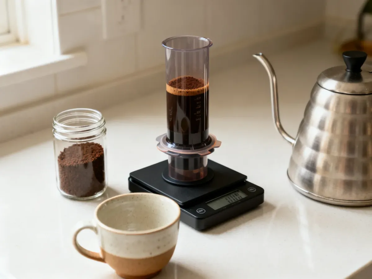 Odwrócony AeroPress z jasno paloną kawą podczas parzenia