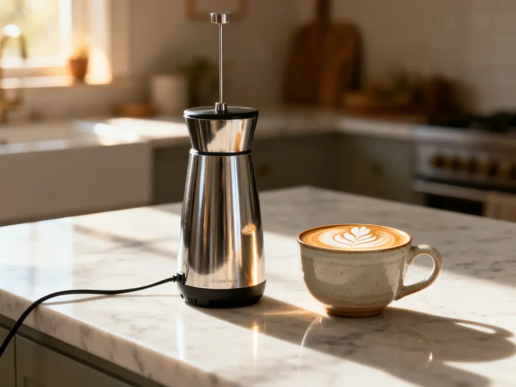 Nowoczesny elektryczny spieniacz do mleka ze stali nierdzewnej obok filiżanki kawy z latte art na marmurowym blacie.
