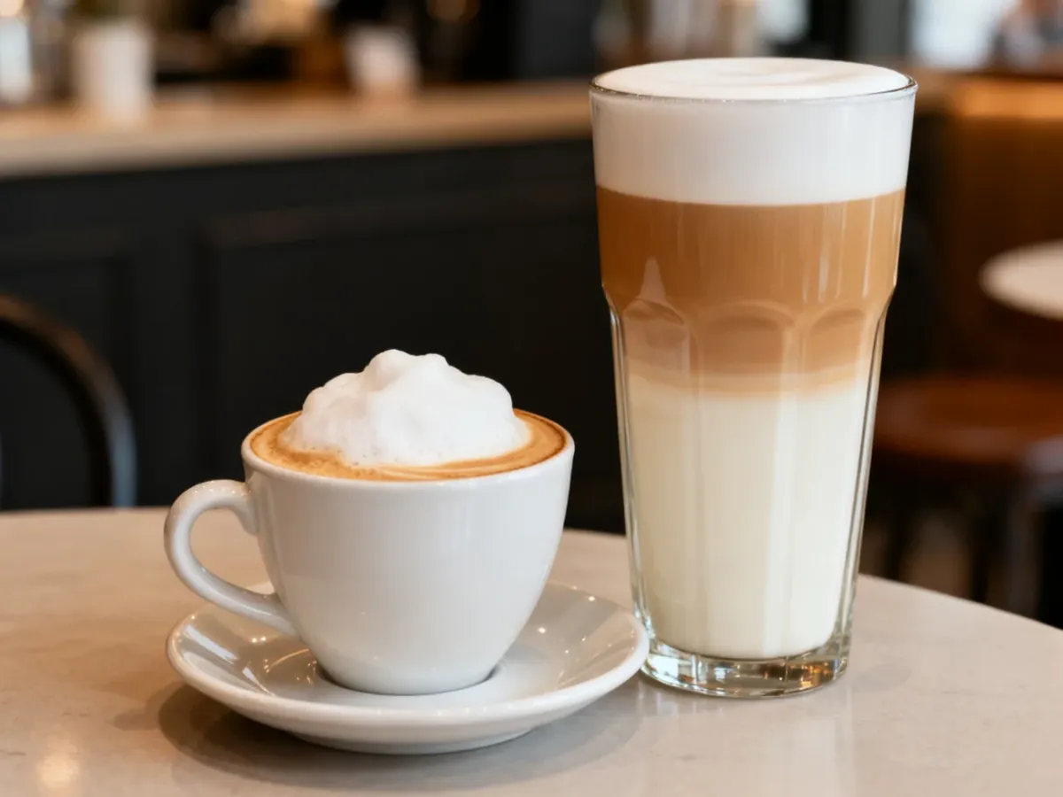 Cappuccino i latte ustawione obok siebie, ukazujące różnicę w ilości mleka i grubości pianki
